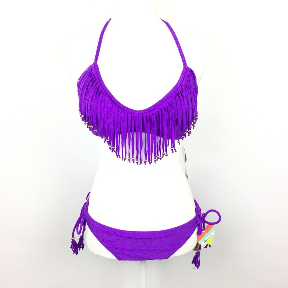 Raisins Bikini Swimsuit Purple Fringe Side Tie